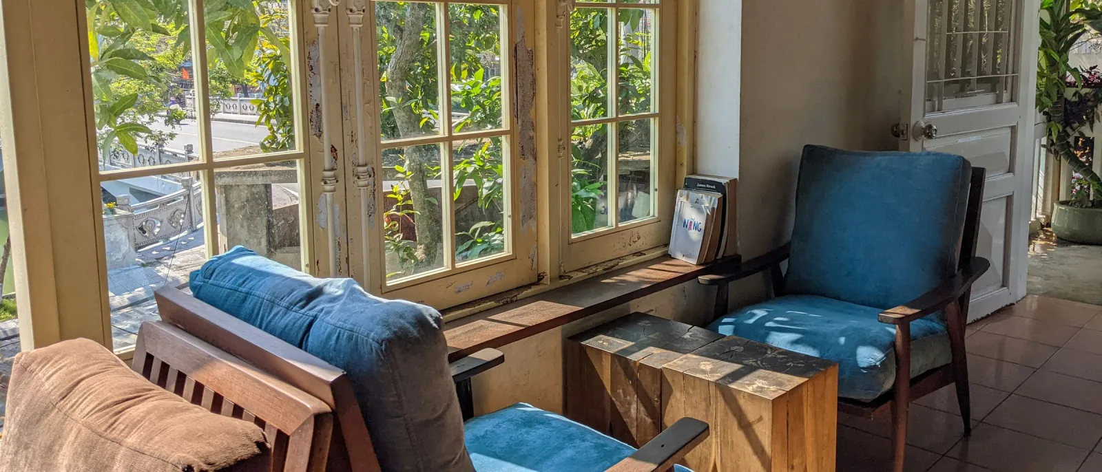 Sunlit cafe corner with wooden armchairs, blue cushions and tall garden windows