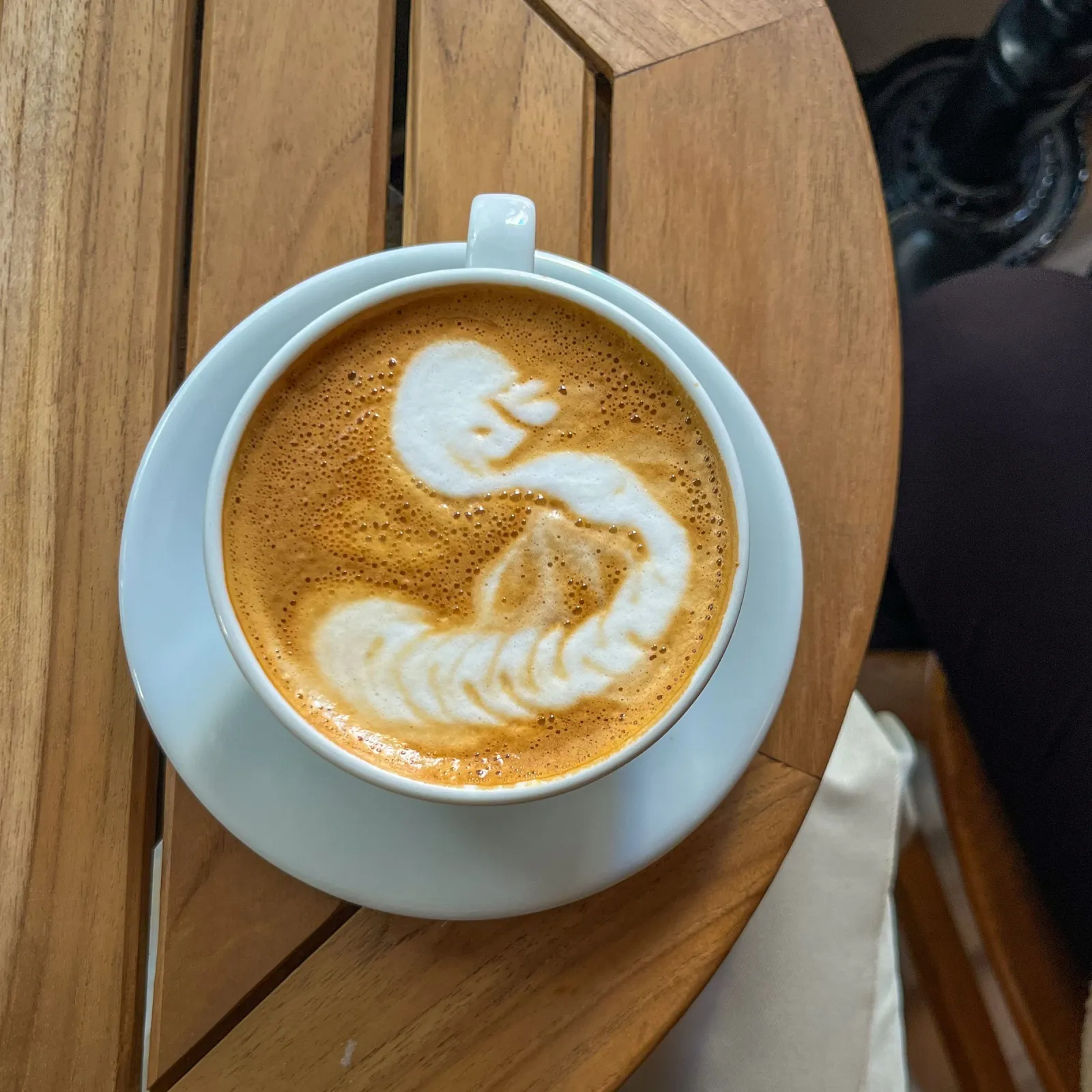 Swan latte art in a white cup and saucer on a slatted teak cafe table