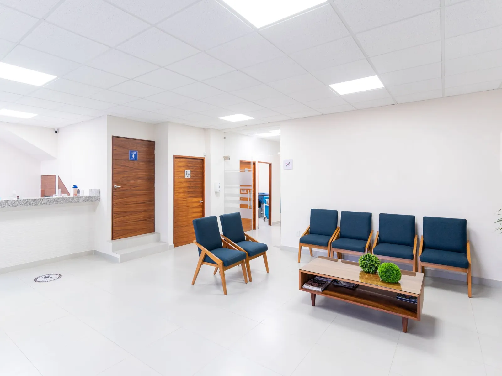 Bright clinic waiting area with navy chairs, wooden coffee table and reception desk