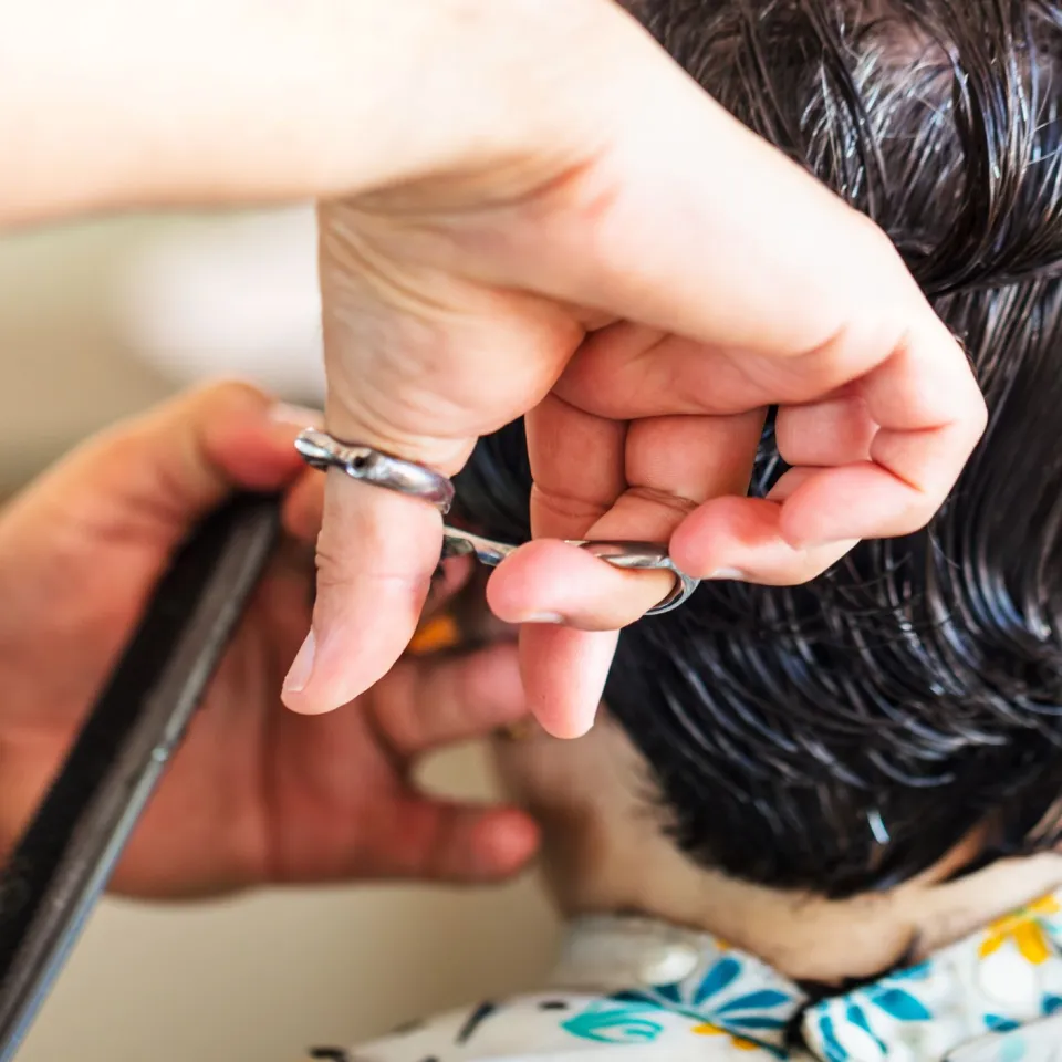 Close-up of a stylist's hands scissor-cutting short dark wet hair