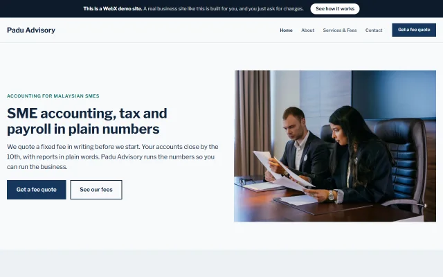Homepage of Padu Advisory, a sample Accounting firm website