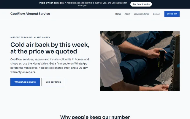 Homepage of CoolFlow Aircond Service, a sample Aircond servicing website