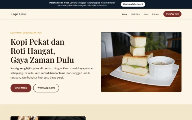 Homepage of Kopi Lima, a sample Kedai kopi / cafe website