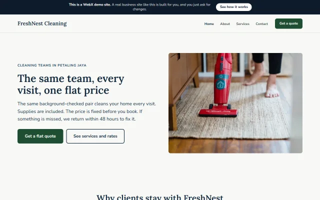 Homepage of FreshNest Cleaning, a sample Cleaning services website