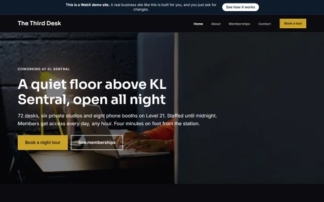 Homepage of The Third Desk, a sample Co-working space website