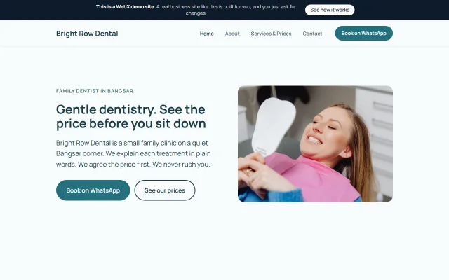 Homepage of Bright Row Dental, a sample Dental clinic website