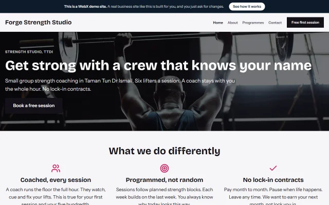 Homepage of Forge Strength Studio, a sample Fitness studio website
