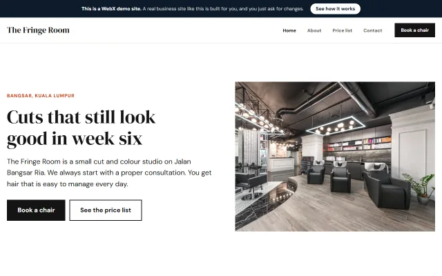 Homepage of The Fringe Room, a sample Hair salon website