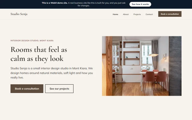 Homepage of Studio Senja, a sample Interior design studio website