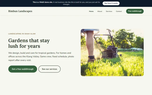 Homepage of Rimbun Landscapes, a sample Landscaping services website