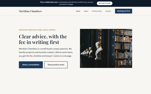 Homepage of Meridian Chambers, a sample Law firm website
