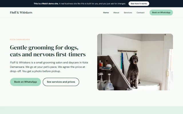 Homepage of Fluff & Whiskers, a sample Pet grooming website