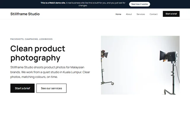 Homepage of Stillframe Studio, a sample Photography studio website