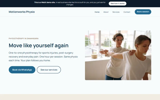 Homepage of Motionworks Physio, a sample Physiotherapy clinic website