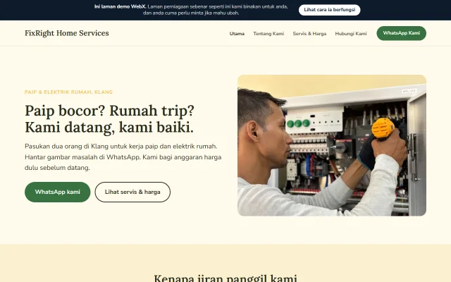 Homepage of FixRight Home Services, a sample Plumbing & electrical website