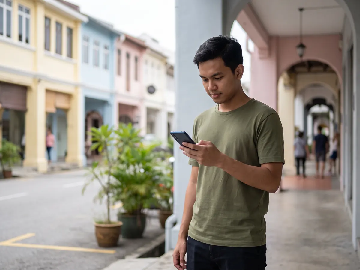 A man outside a row of shophouses looking something up on his phone