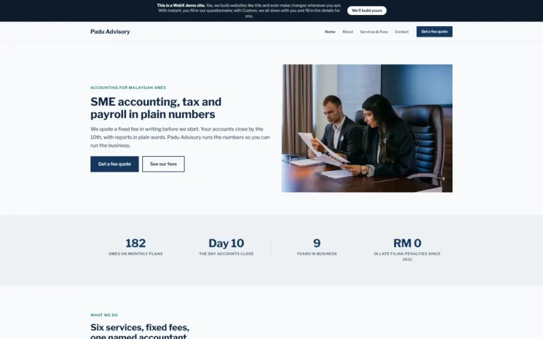 Homepage of Padu Advisory, an example accounting firm website set in Kuala Lumpur