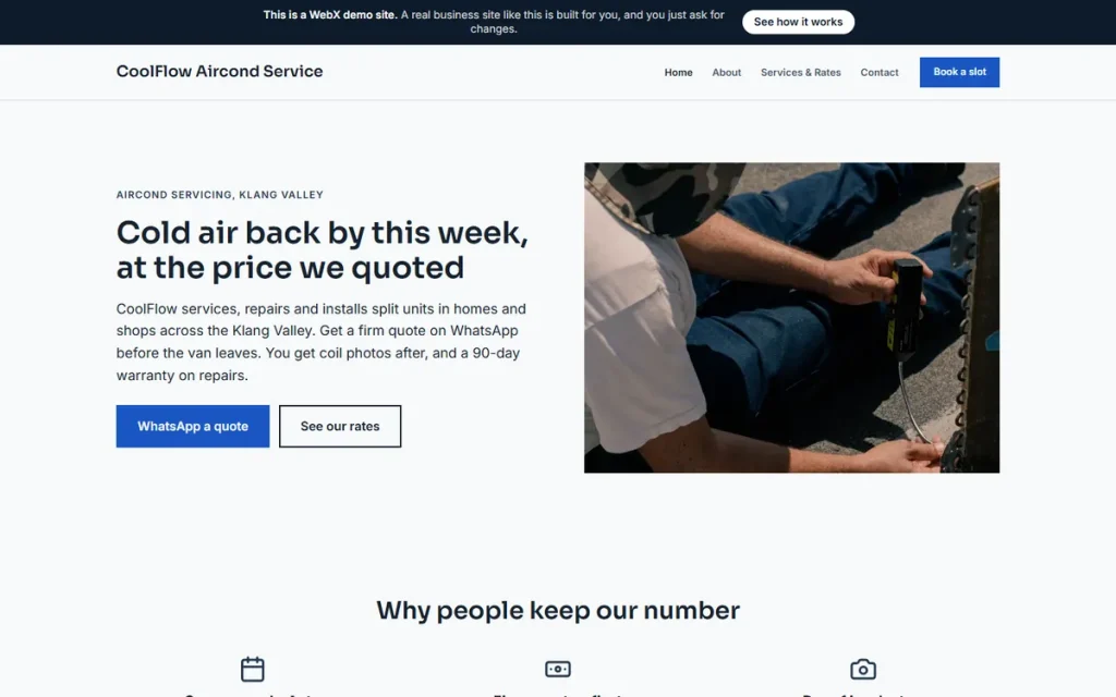 Homepage of CoolFlow Aircond Service, an example aircond servicing website set in Subang Jaya