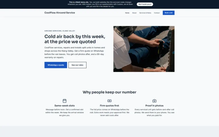 Homepage of CoolFlow Aircond Service, an example aircond servicing website set in Subang Jaya