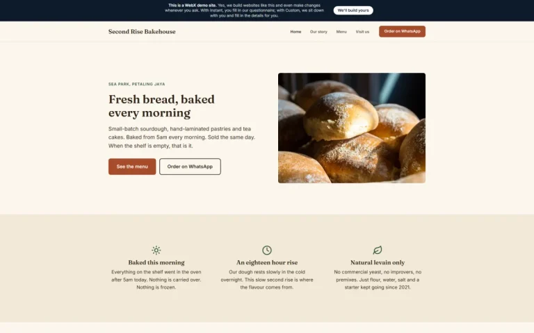 Homepage of Second Rise Bakehouse, an example bakery website set in Petaling Jaya