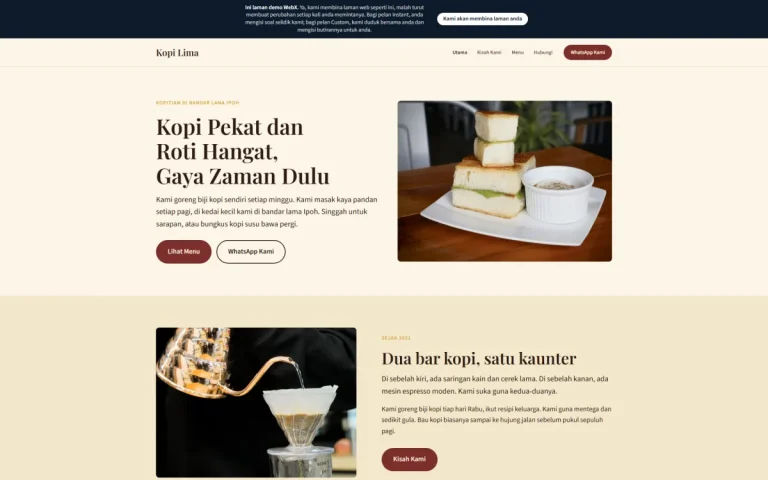 Homepage of Kopi Lima, an example kedai kopi website set in Ipoh and written in Bahasa Melayu