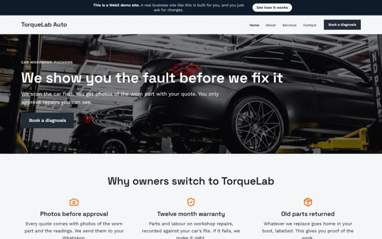 Homepage of TorqueLab Auto, an example car workshop website set in Puchong