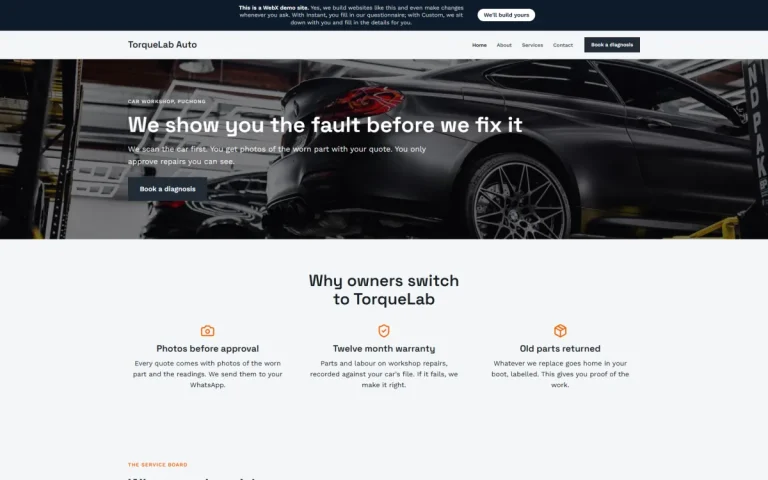 Homepage of TorqueLab Auto, an example car workshop website set in Puchong