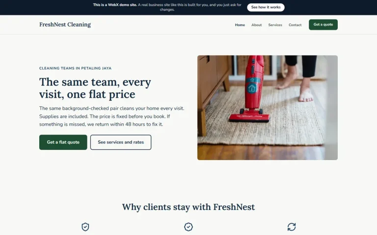 Homepage of FreshNest Cleaning, an example cleaning services website set in Petaling Jaya