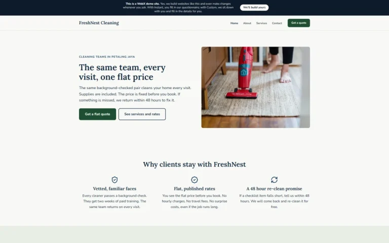 Homepage of FreshNest Cleaning, an example cleaning services website set in Petaling Jaya