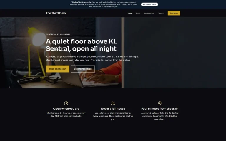 Homepage of The Third Desk, an example co-working space website set in KL Sentral