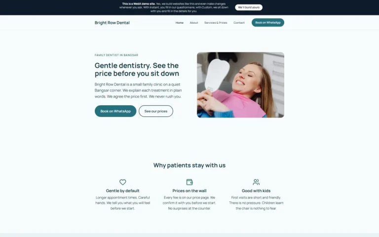 Homepage of Bright Row Dental, an example dental clinic website set in Bangsar