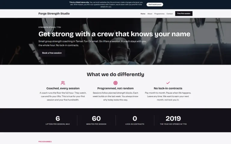 Homepage of Forge Strength Studio, an example fitness studio website set in TTDI