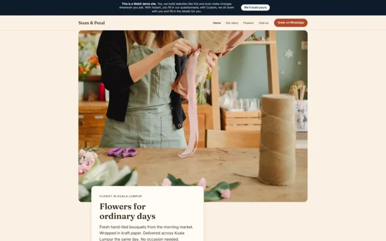 Homepage of Stem & Petal, an example florist website set in Happy Garden