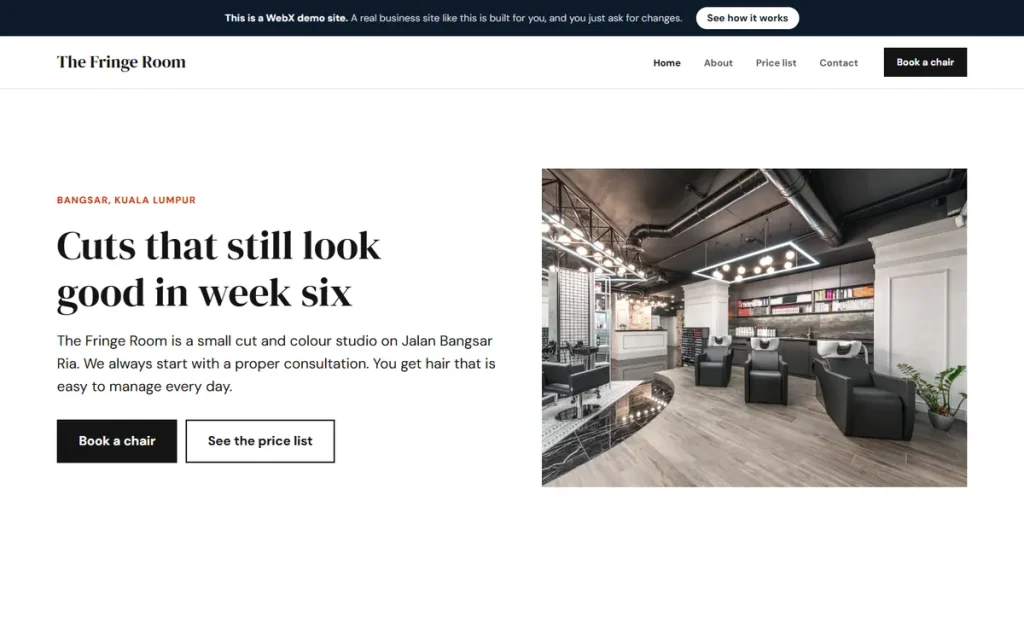 Homepage of The Fringe Room, an example hair salon website set in Bangsar