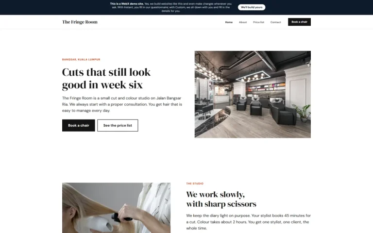 Homepage of The Fringe Room, an example hair salon website set in Bangsar