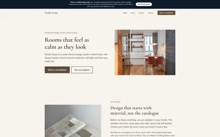 Homepage of Studio Senja, an example interior design studio website set in Mont Kiara