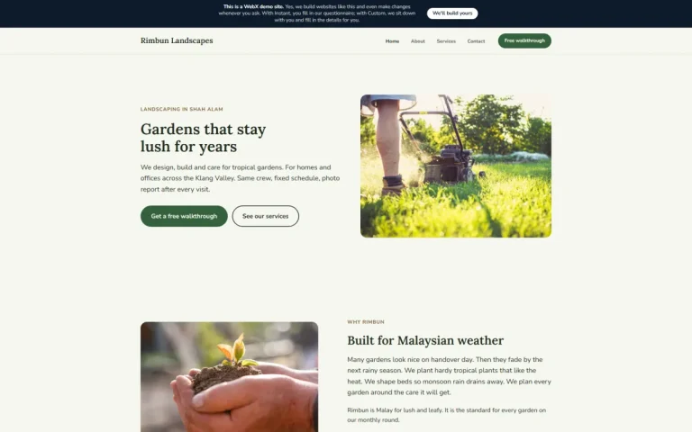 Homepage of Rimbun Landscapes, an example landscaping services website set in Shah Alam
