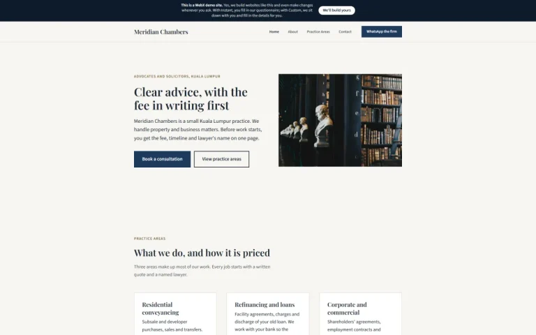 Homepage of Meridian Chambers, an example law firm website set in Kuala Lumpur