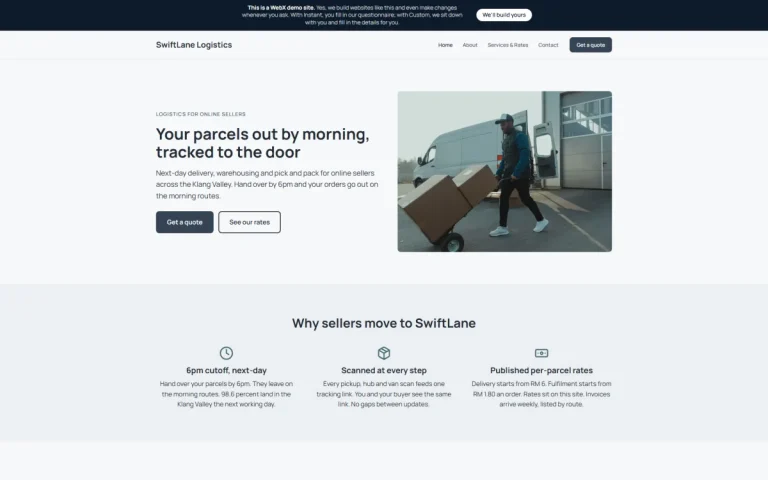 Homepage of SwiftLane Logistics, an example logistics and courier website set in Port Klang