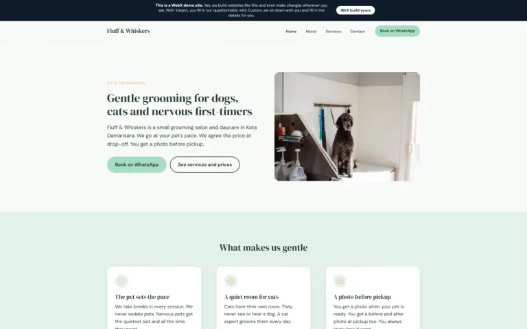 Homepage of Fluff & Whiskers, an example pet grooming website set in Kota Damansara