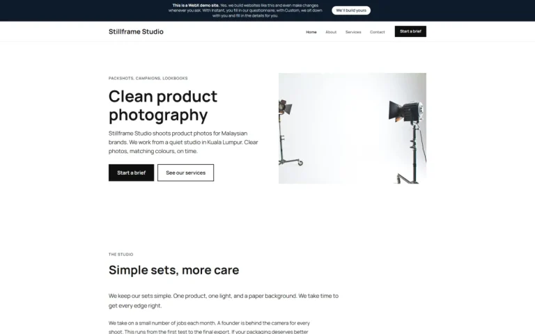 Homepage of Stillframe Studio, an example photography studio website set in Kuala Lumpur