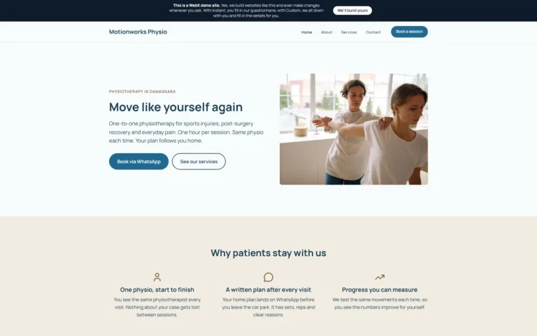 Homepage of Motionworks Physio, an example physiotherapy clinic website set in Damansara