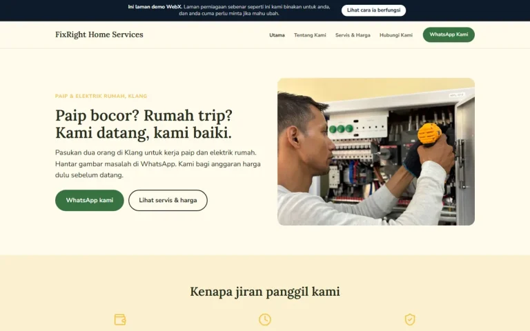 Homepage of FixRight Home Services, an example plumbing and electrical website set in Klang and written in Bahasa Melayu