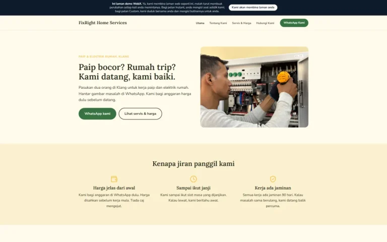 Homepage of FixRight Home Services, an example plumbing and electrical website set in Klang and written in Bahasa Melayu
