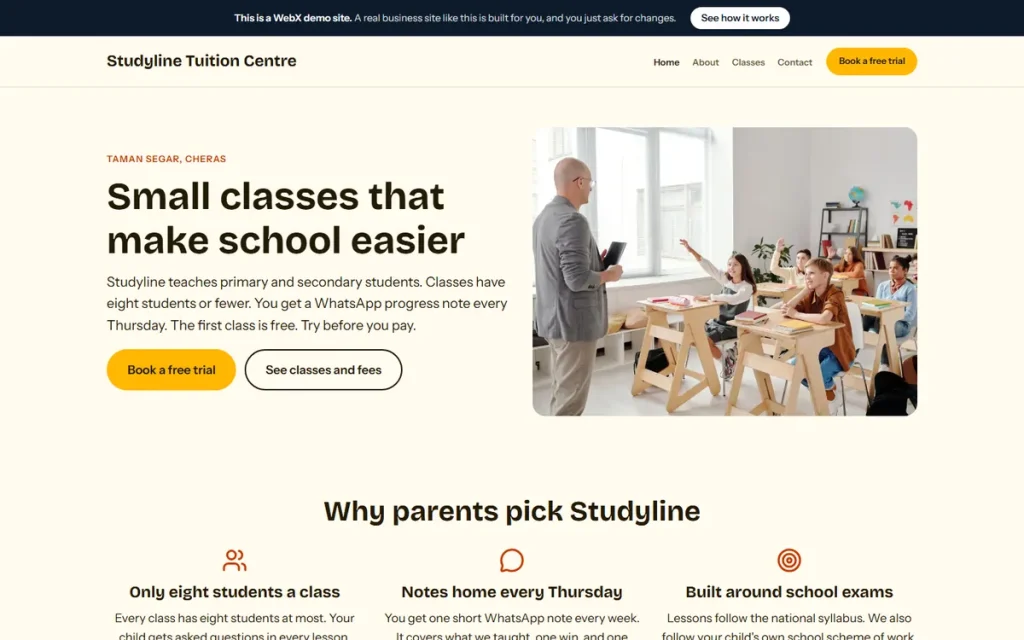 Homepage of Studyline Tuition Centre, an example tuition centre website set in Cheras