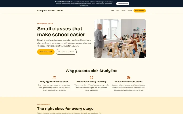 Homepage of Studyline Tuition Centre, an example tuition centre website set in Cheras