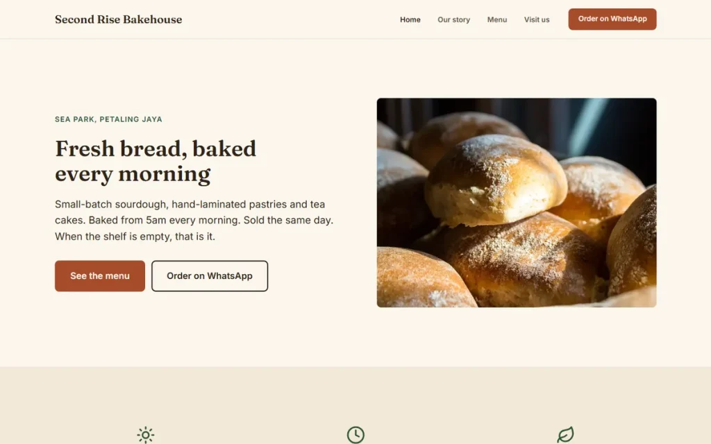 The finished Second Rise Bakehouse example website, live