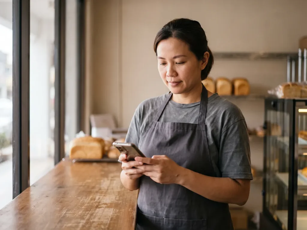 A bakery owner at her counter typing a message on her phone