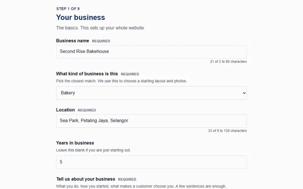 The first page of the WebX questionnaire filled in for Second Rise Bakehouse: business name, type of business (Bakery), location and years in business